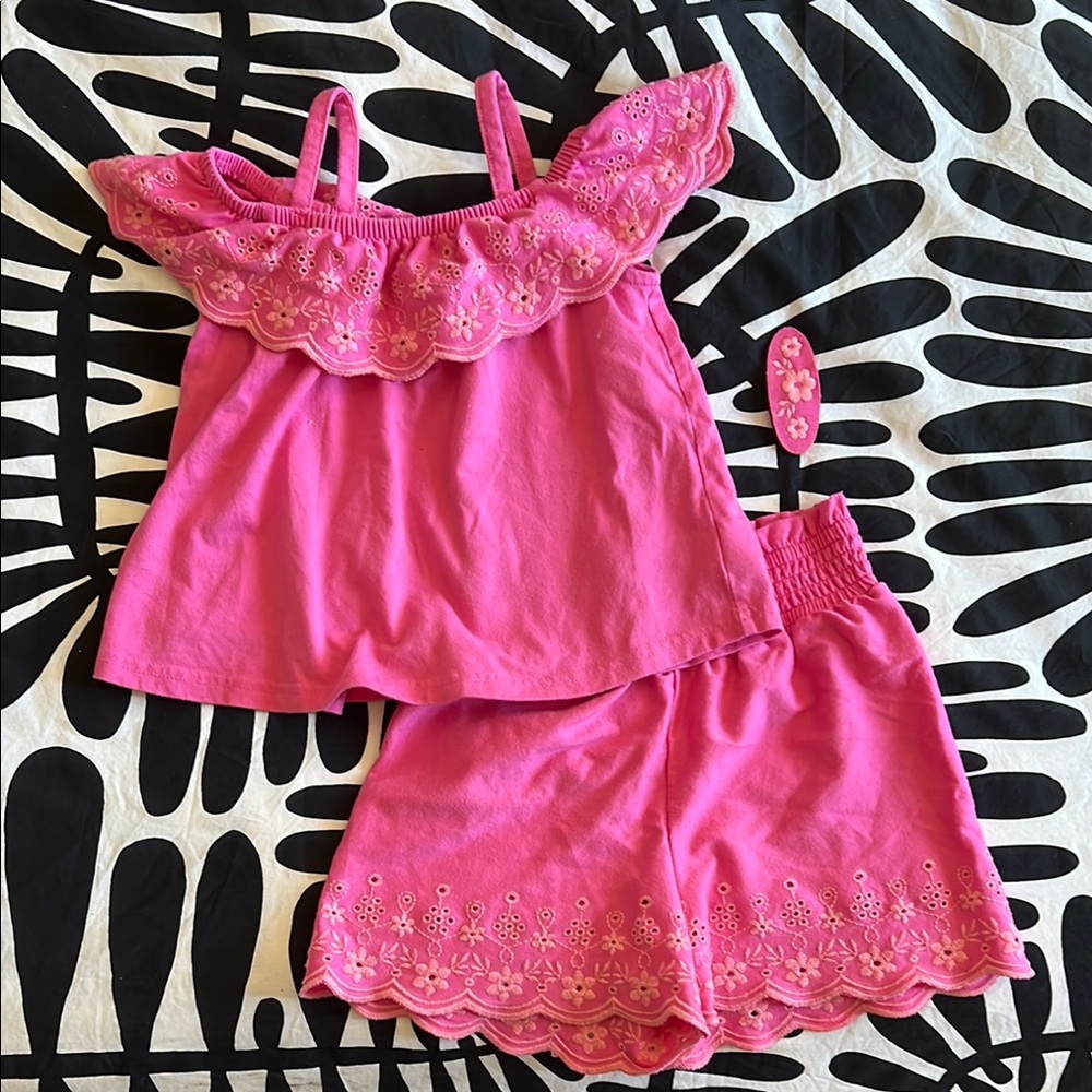 Shabby Chic pink 2 piece eyelet tank top and shorts (with one hair accessory)